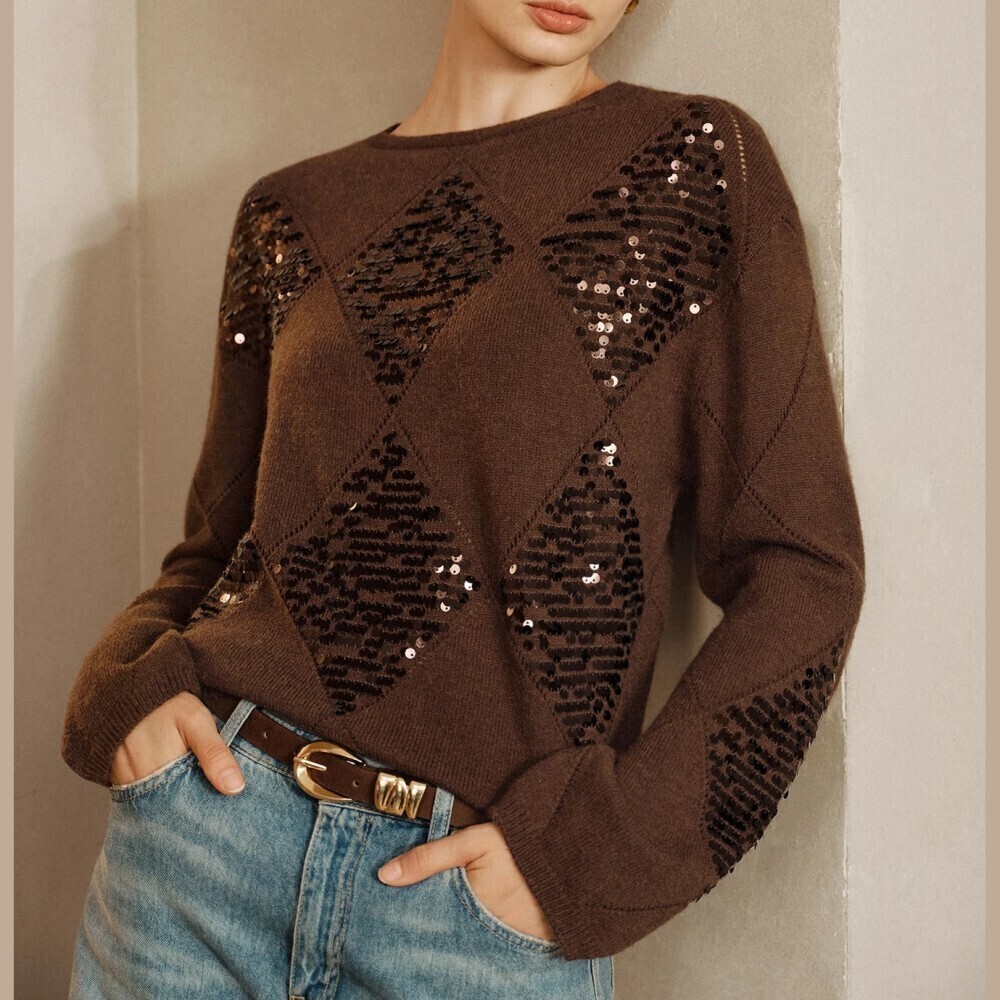Brown Sequin Argyle Knit Crew Neck Sweater with Drop Shoulder Sleeves